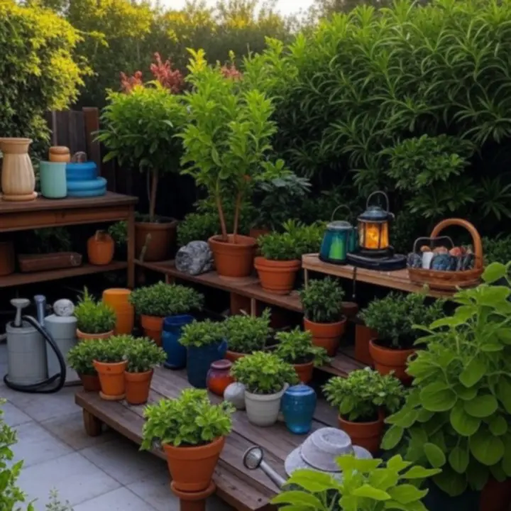 Rząd produktów ogrodniczych: narzędzia, rośliny, dekoracje i akcesoria