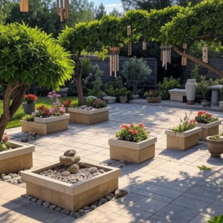 Stylizowany ogród z latarniami, donicami, dzwonkami wietrznymi i kamieniami ozdobnymi