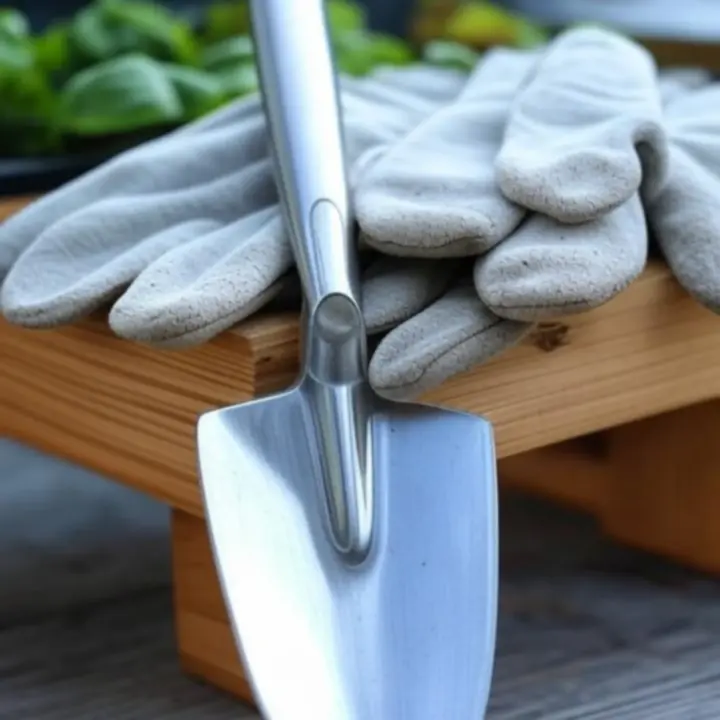 Zestaw narzędzi ogrodniczych na tle zielonego ogrodu