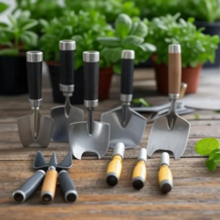 Zestaw nowoczesnych narzędzi ogrodniczych ułożonych na drewnianym blacie.